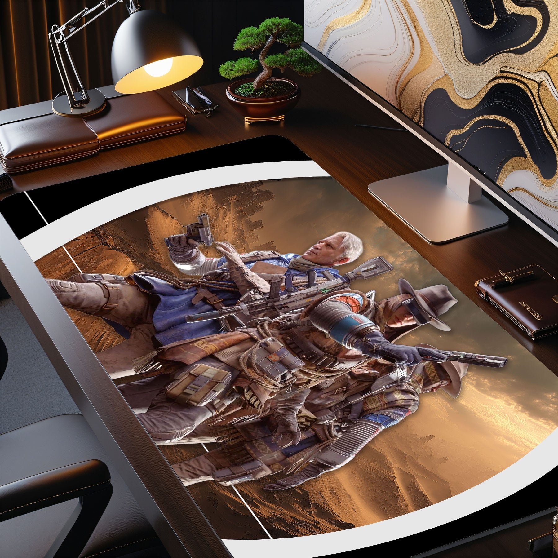 Desk setup with a large mouse pad featuring a cowboy design.