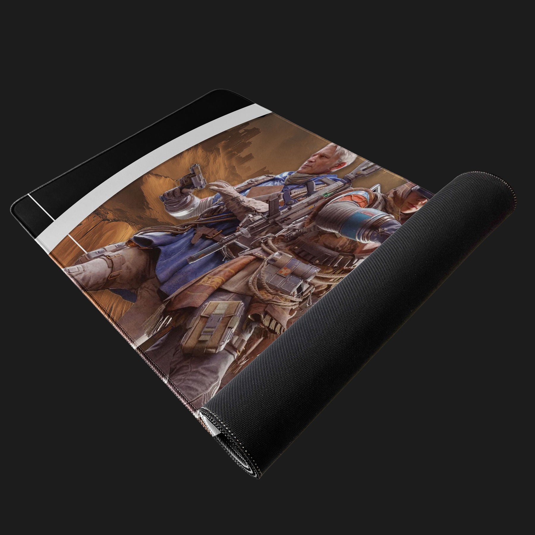 Roll-up desk mat with a detailed illustration of a person in a suit on a black background