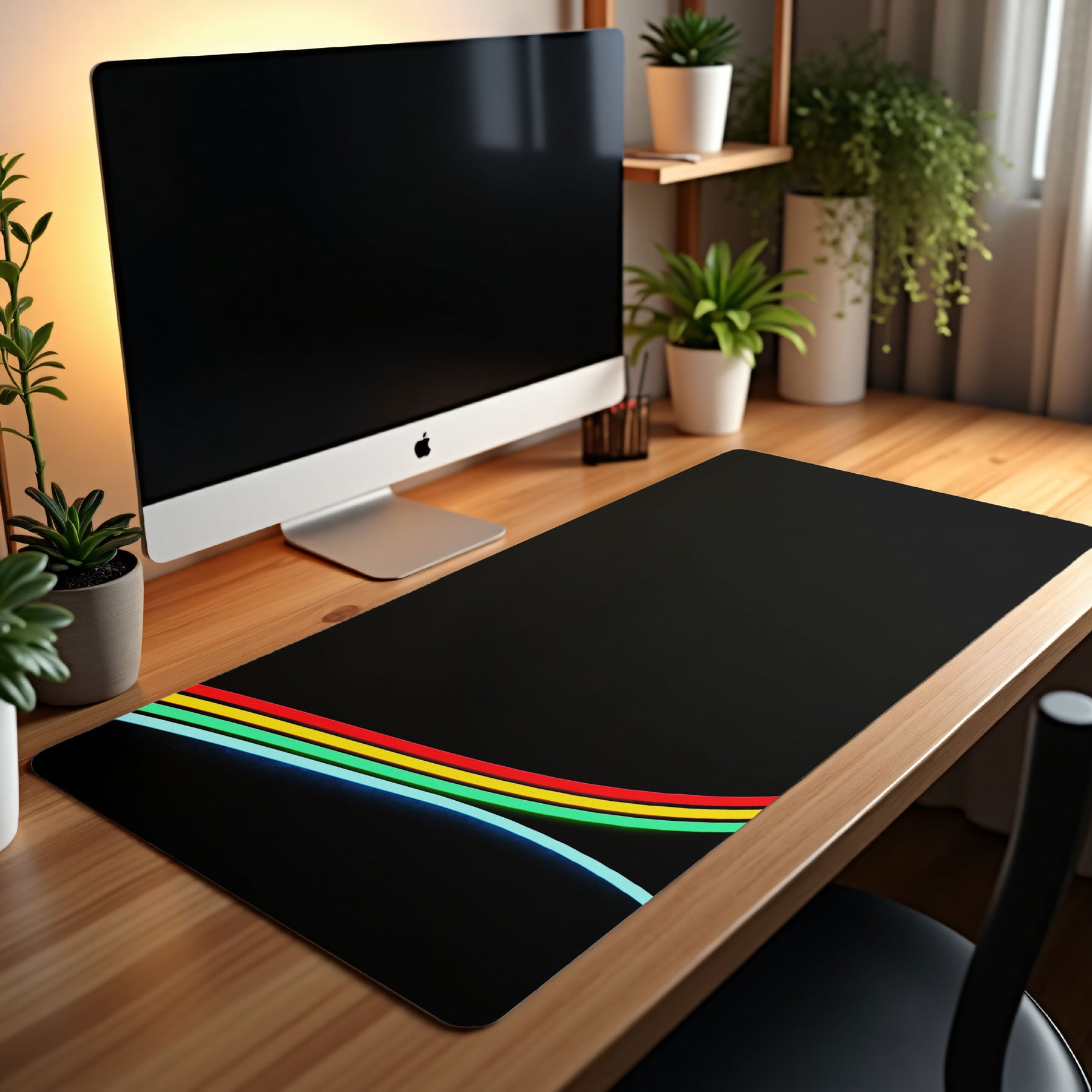 Black desk mat with rainbow design on a wooden desk with a computer monitor.