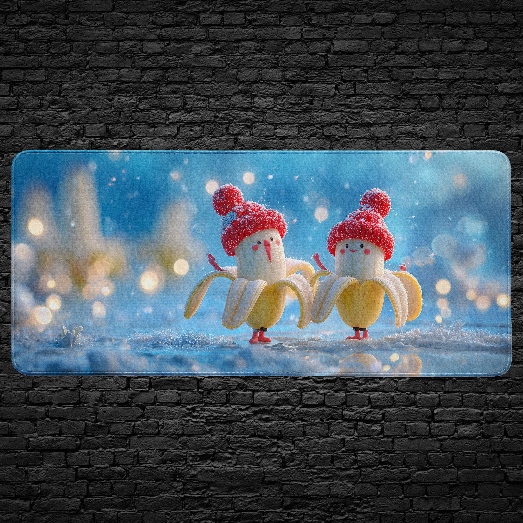 Two cartoonish banana characters with red hats on a snowy background Desk mat, mouse pad
