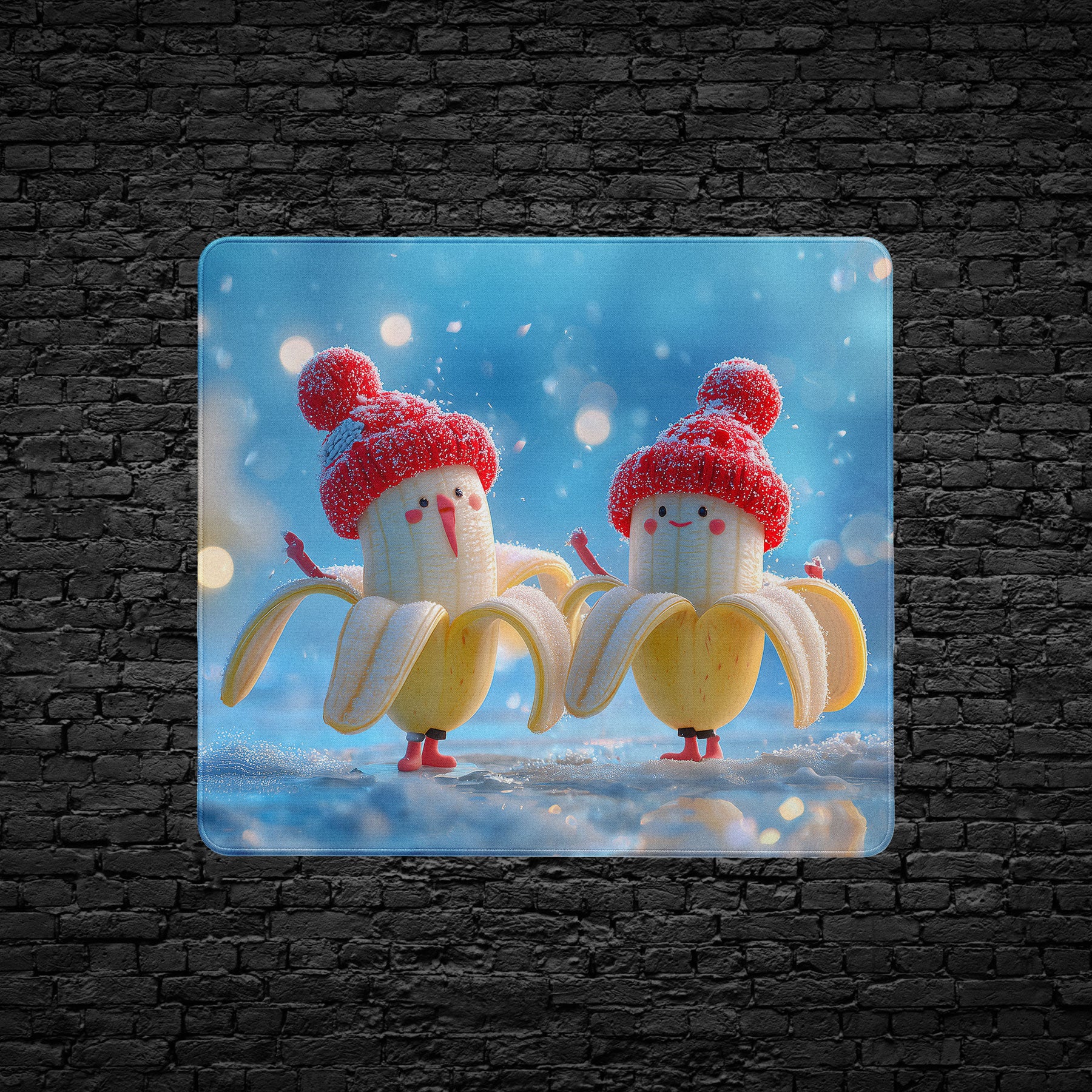 Mouse pad, Two bananas with red hats and pink faces standing on a snowy background