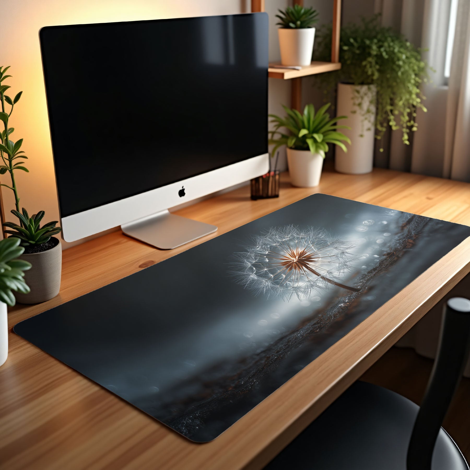 Desk setup with a computer monitor and decorative desk mat featuring a dandelion design.