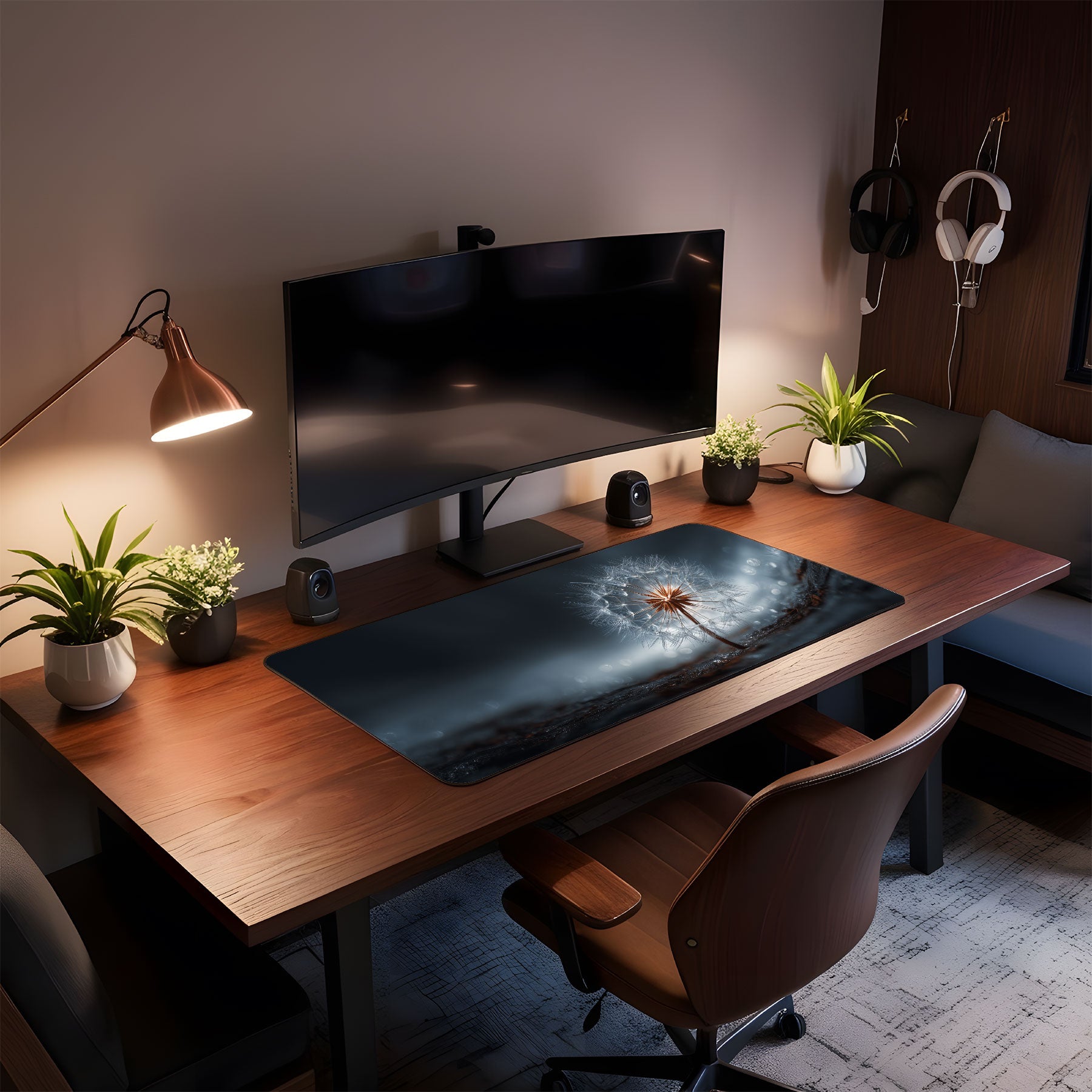 Modern home office setup with a large desk, computer monitor, and decorative elements.