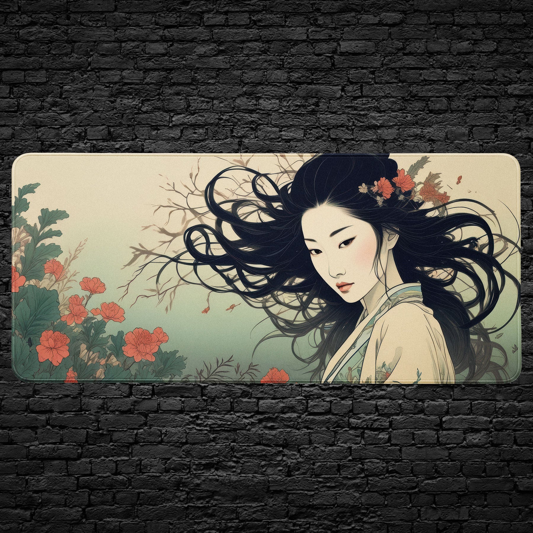 Illustration of a woman with flowing hair and flowers on a rectangular background against a black brick wall.