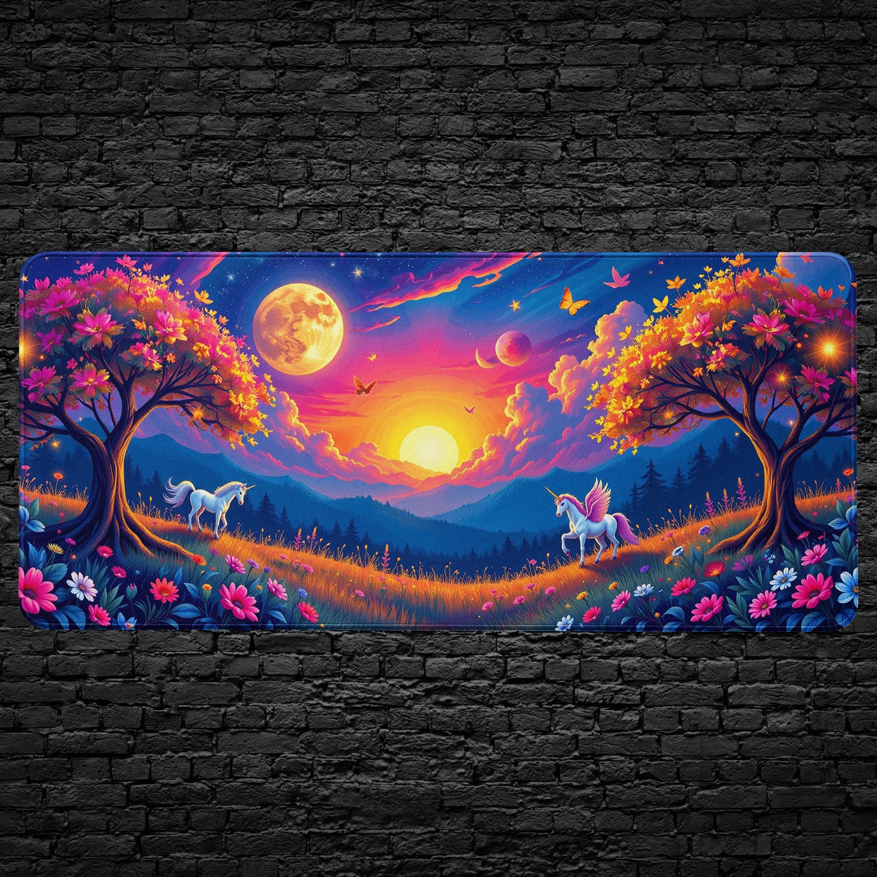 Fantasy desk mat with unicorns under glowing sunset and moons