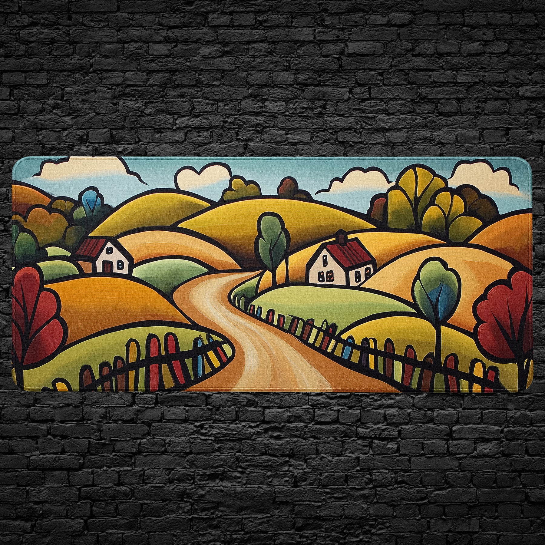 Colorful landscape painting with houses and trees on a black brick wall.