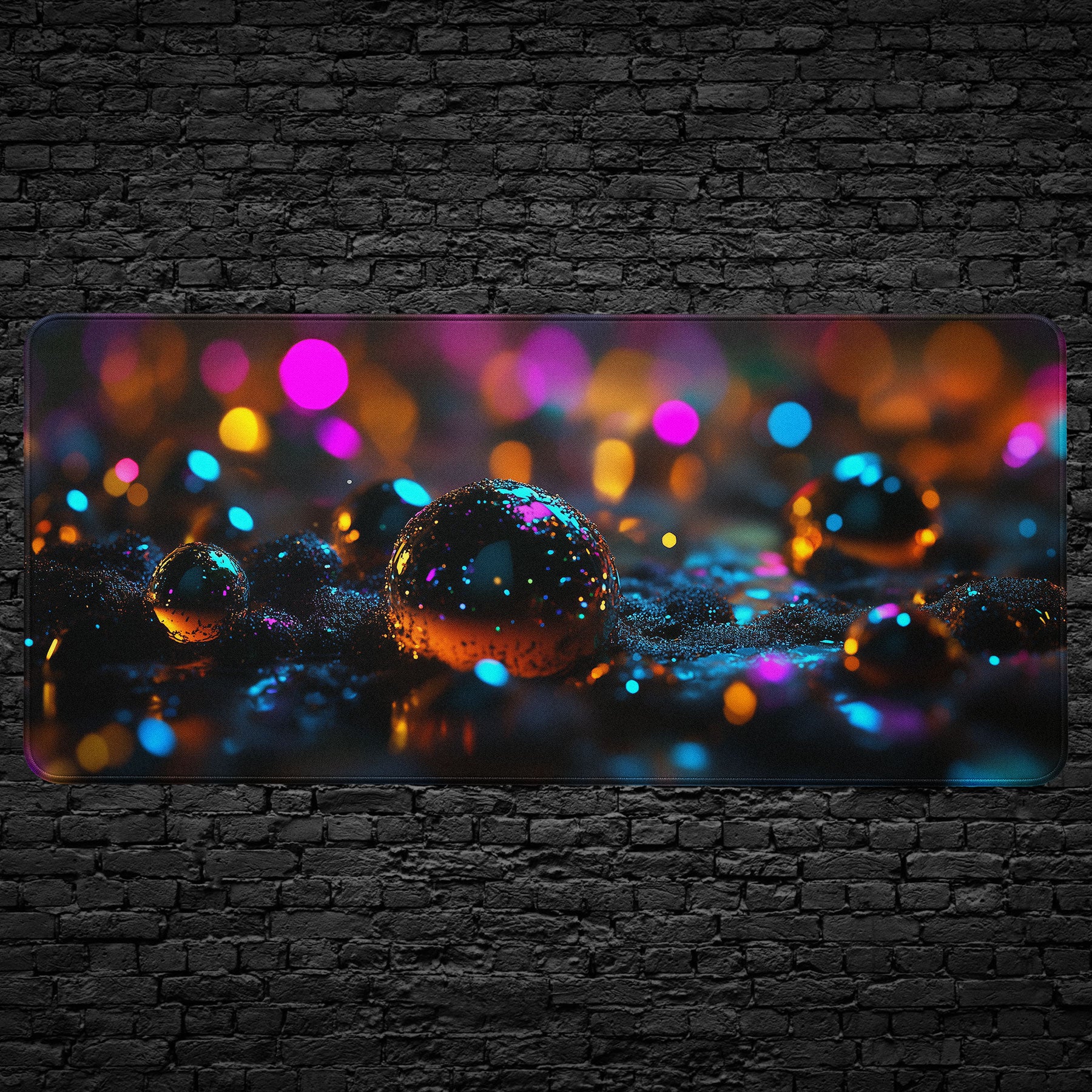 Neon abstract desk mat with glowing orb and cyberpunk color design