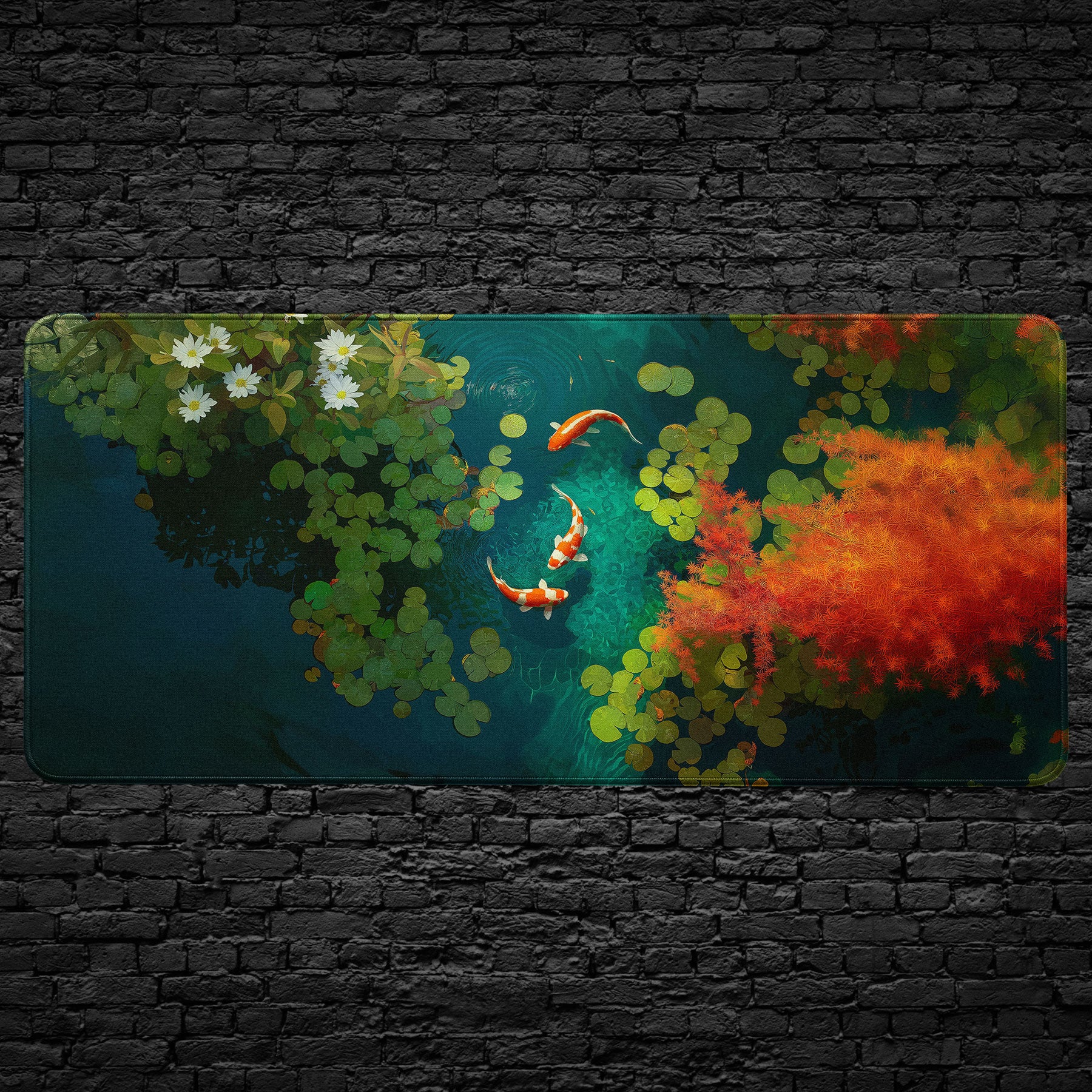Colorful painting of two koi fish in a pond with plants on a black brick wall.