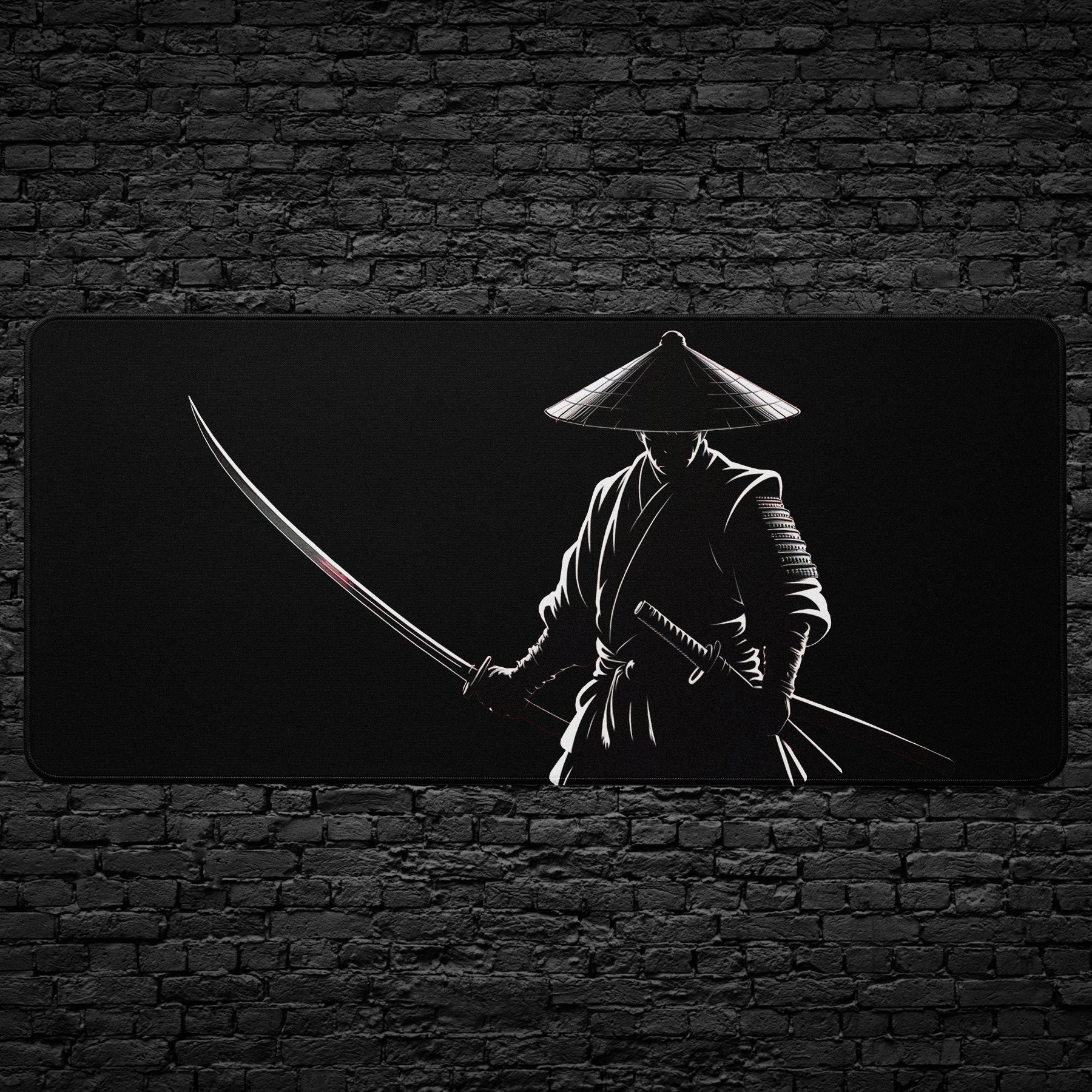 Samurai warrior desk mat with katana sword silhouette on black background