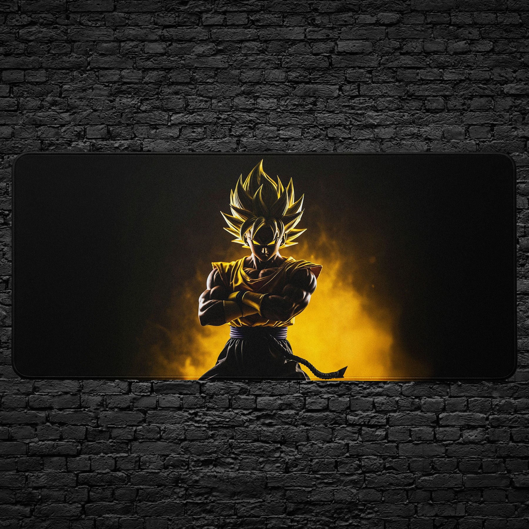 Super Saiyan anime desk mat with glowing yellow warrior silhouette