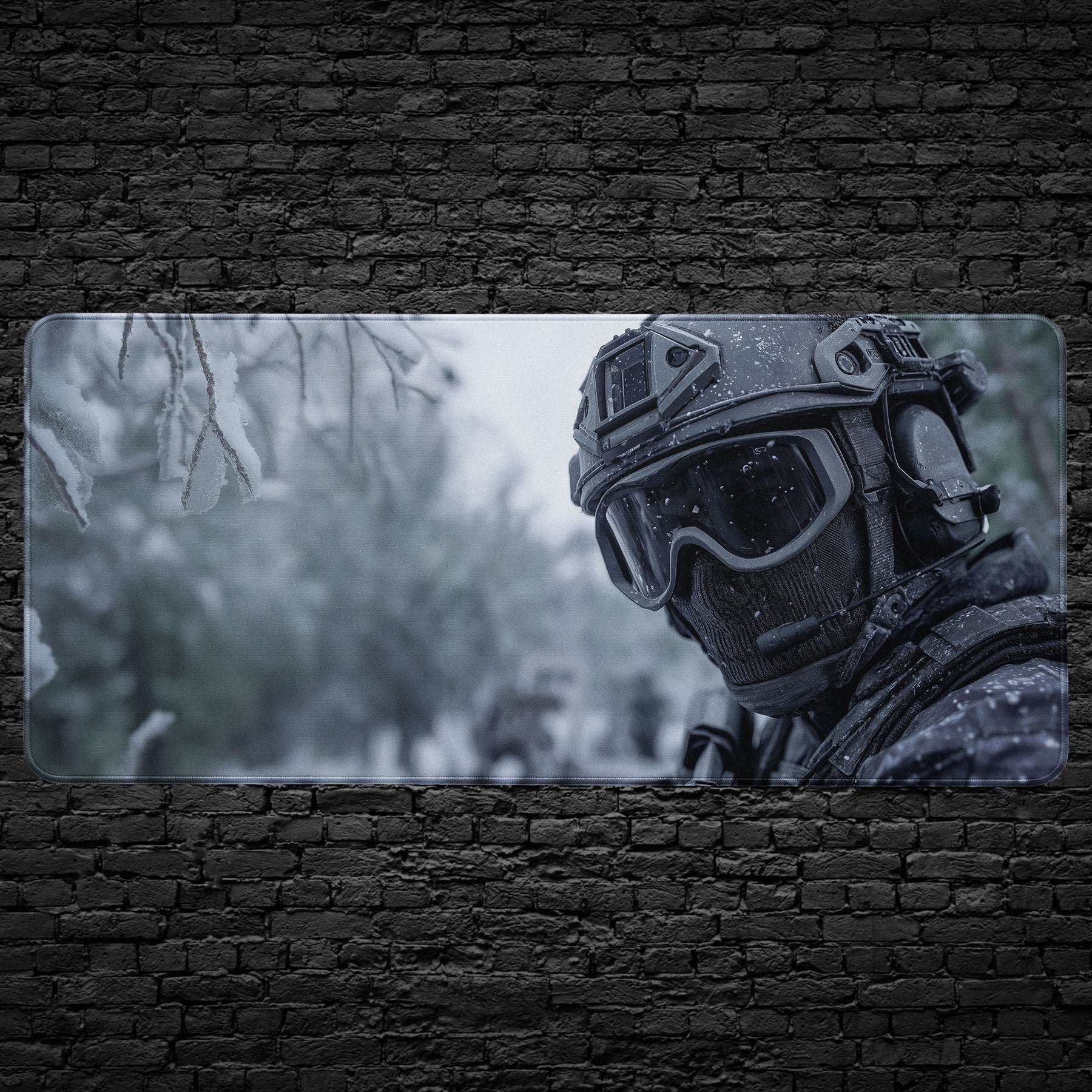 Tactical soldier desk mat with military special forces in snow gear